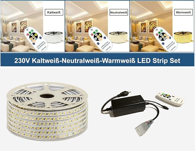 230V LED Kaltweiß Neutralweiß Warmweiß Strip Streifen Lichtband Flex Band mit 5630 SMD 144LEDs pro Meter IP67 - für Innen und