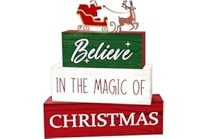 LSJEHTQ 4 Pcs Santa Claus Christmas Decor, Elk Pulling Sleigh Table Decorations, Christmas Tiered Tray Desk Decor Gifts, Winter Wooden Xmas Stack Block Signs Table Centerpiece for Farmhouse Office -A04