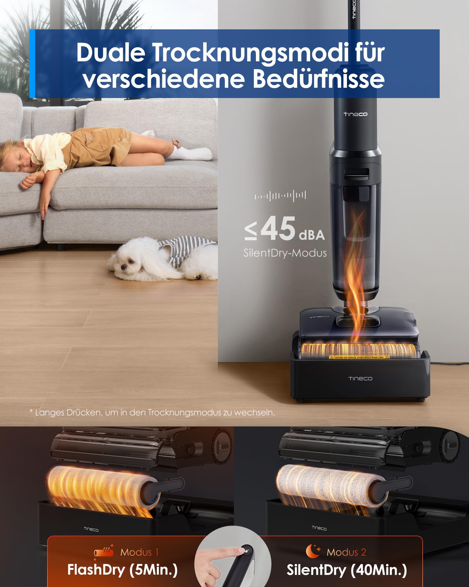 Tineco FLOOR ONE S7 Stretch Steam Nass Trockensauger 160 °C HyperSteam Dampfreiniger, 80 Min Laufzeit, DualBlock Anti-Tangle, FlashDry Selbstreinigung, Dreiseitige Kantenreinigung, hartnäckige Flecken 4