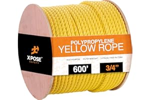 Yellow Twisted Polypropylene Rope - 3/4" Floating Poly Pro Cord 600 Ft - Resistant to Oil, Moisture, Marine Growth and Chemicals - Reduced Slip, Easy Knot, Flexible - by Xpose Safety