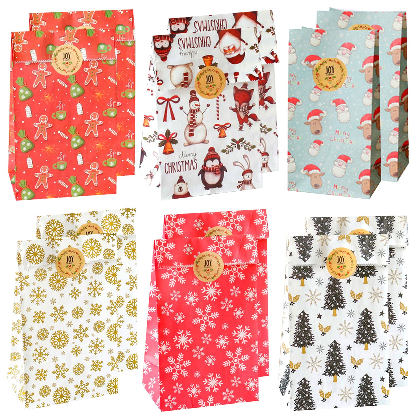 12 Pcs Christmas Kraft Gift Bags Paper Party Bags Christmas Candy Cookie Treats Party Paper Bags Candy Paper Bag Flat Bottom Gift Bags with Christmas Stickers, for Party Celebrations