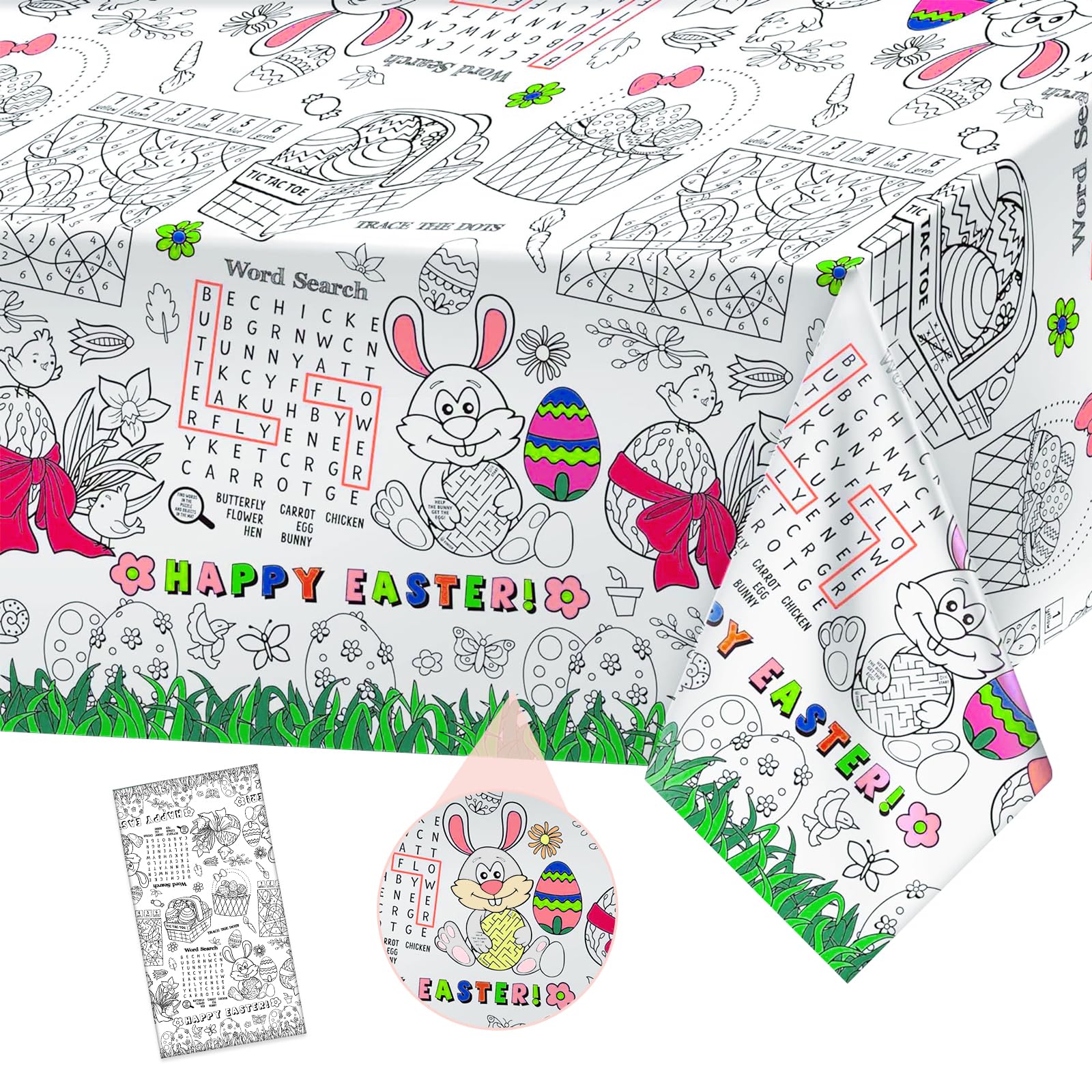 1 Pack Happy Easter Coloring Tablecloth for Kids - Giant Easter Color-in Paper Poster, Rectangle Easter Bunny Activity Coloring Table Cloth for Spring Easters Party Decorations Favors, 54 x 108 Inch