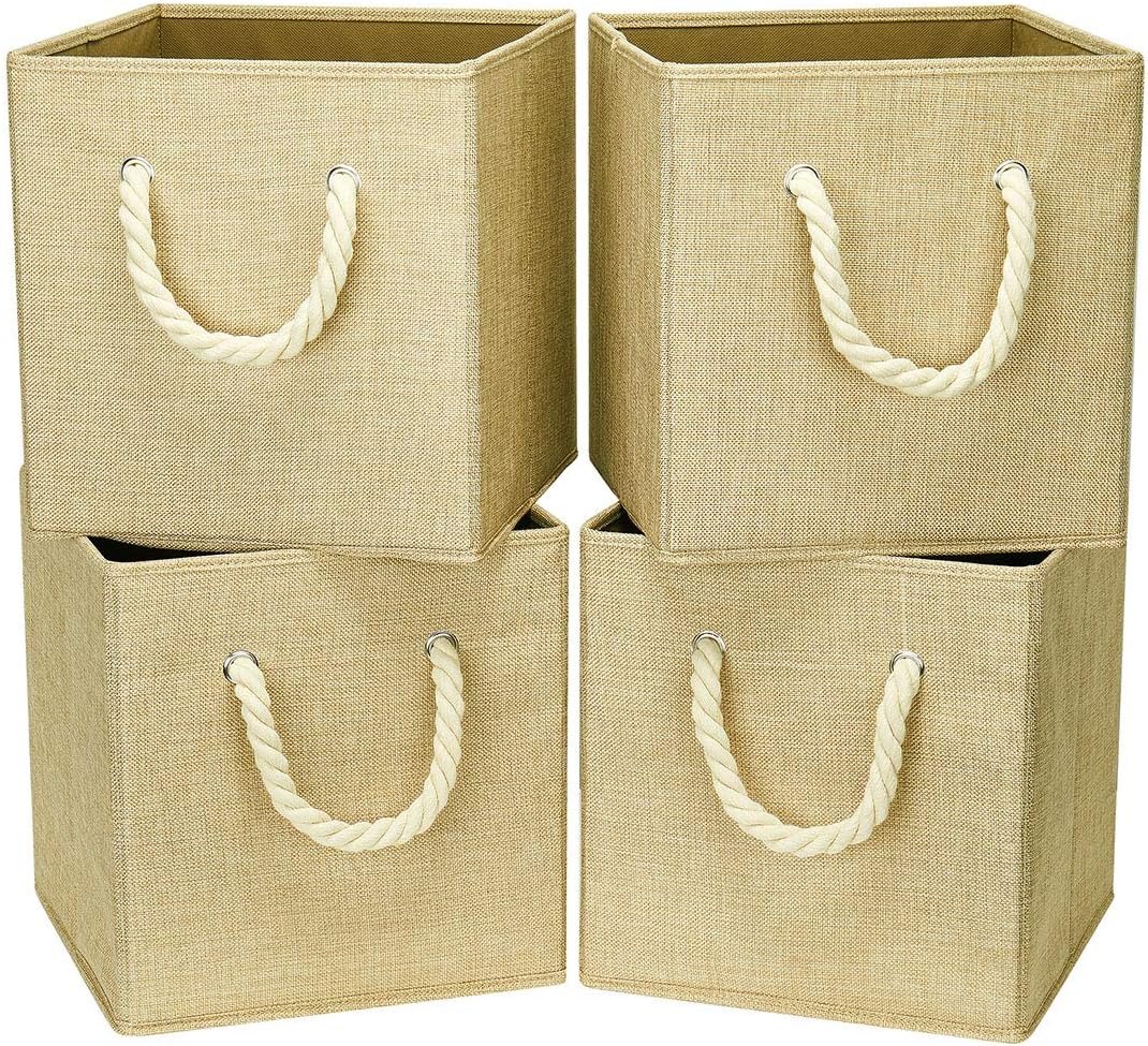 i BKGOO Foldable Storage Cube Bins Khaki Linen Fabric Collapsible Resistant Basket Box Organizer with Cotton Rope Handle for Home Office and Nursery 10.5x10.5x11 inch