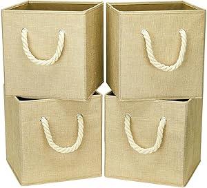 i BKGOO Foldable Storage Cube Bins Khaki Linen Fabric Collapsible Resistant Basket Box Organizer with Cotton Rope Handle for Home Office and Nursery 10.5x10.5x11 inch
