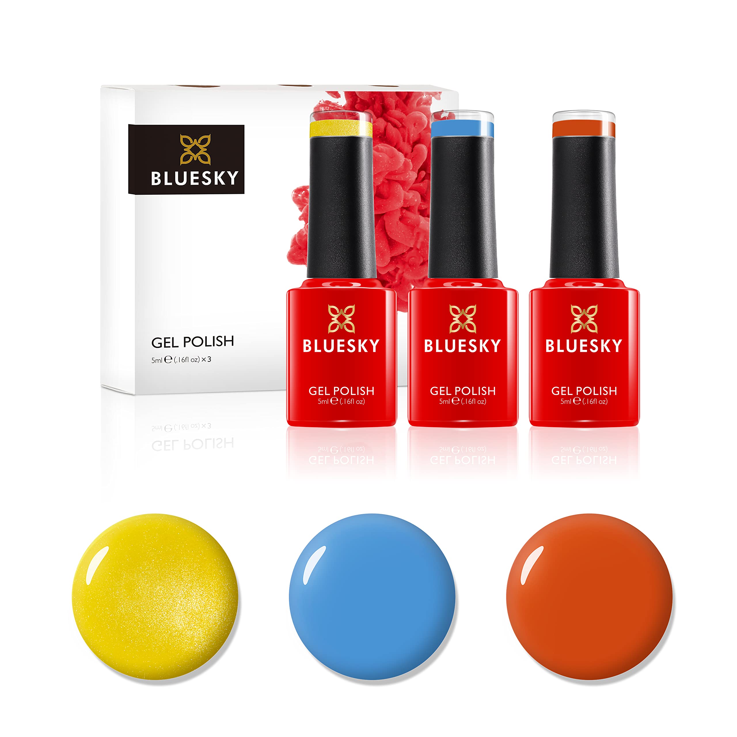 BLUESKY Gel Nail Polish Set. Summer Brights. Bicycle Yellow 80576, Digi-Teal 80613 and Orange Sweetie A012. 3 x 5ml Gel Nail Polishes (Requires curing under UV/LED Lamp)