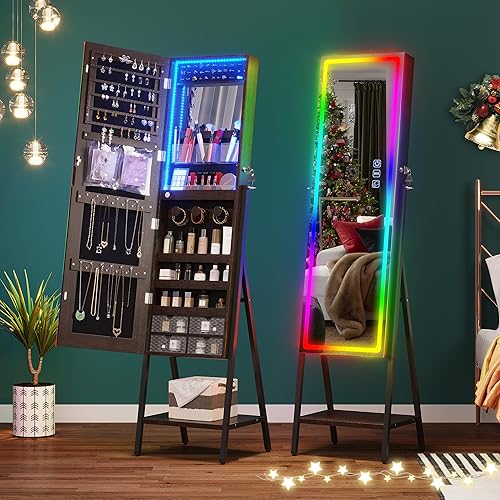 HNEBC RGB LED Mirror Jewelry Cabinet,Standing Jewelry Armoire