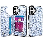 SOKAD for iPhone 16 Leather Wallet Case with Card Holder for Women Men, Cute Floral Flowers Pattern, Double Magnetic Clasp Flip Phone Cover with 3 Card Slots, Blue Flower