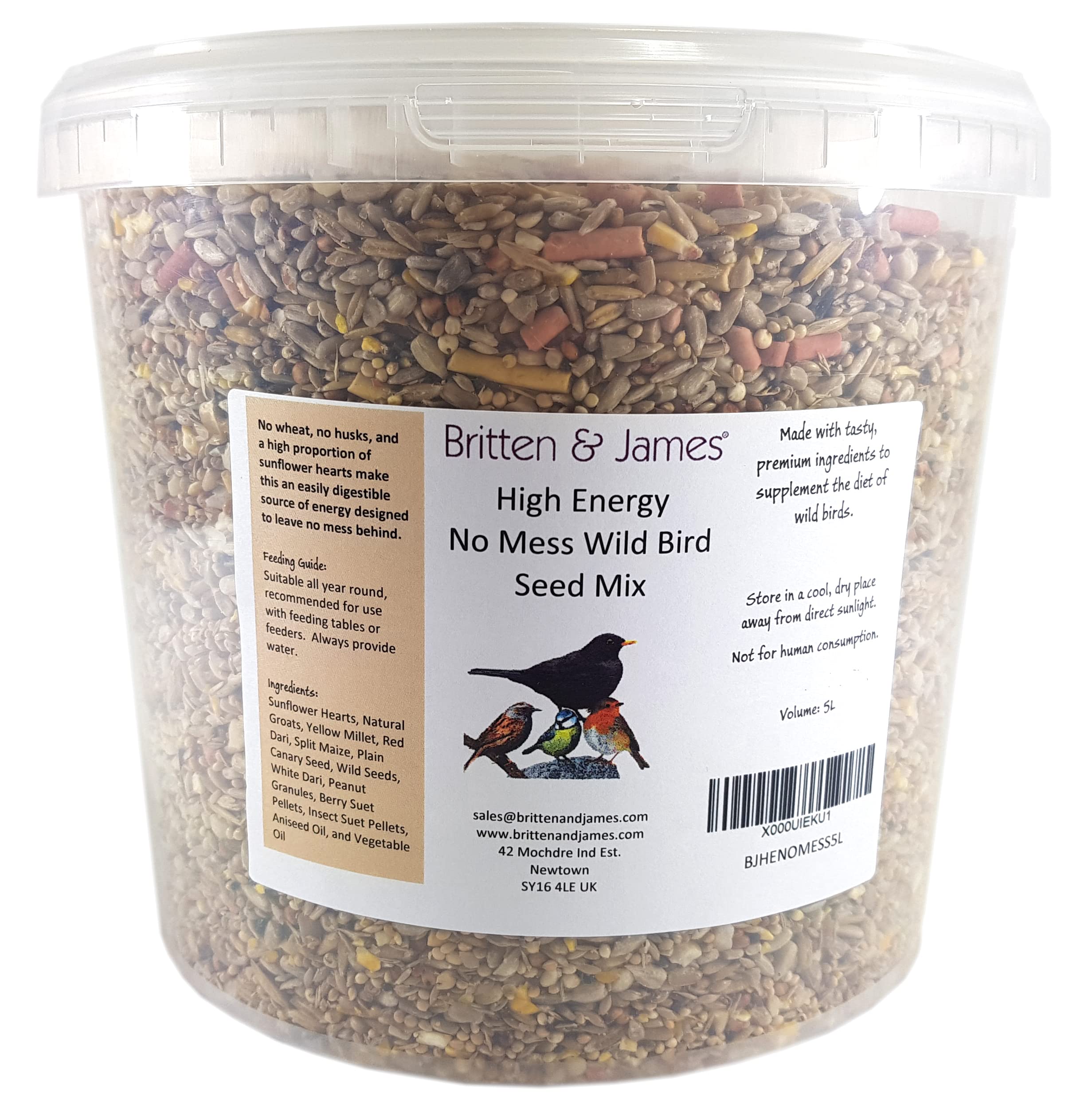 Britten & James High Energy No Mess Seed and Suet mix for wild birds. Stay Fresh Tub 5L (3.7kg)