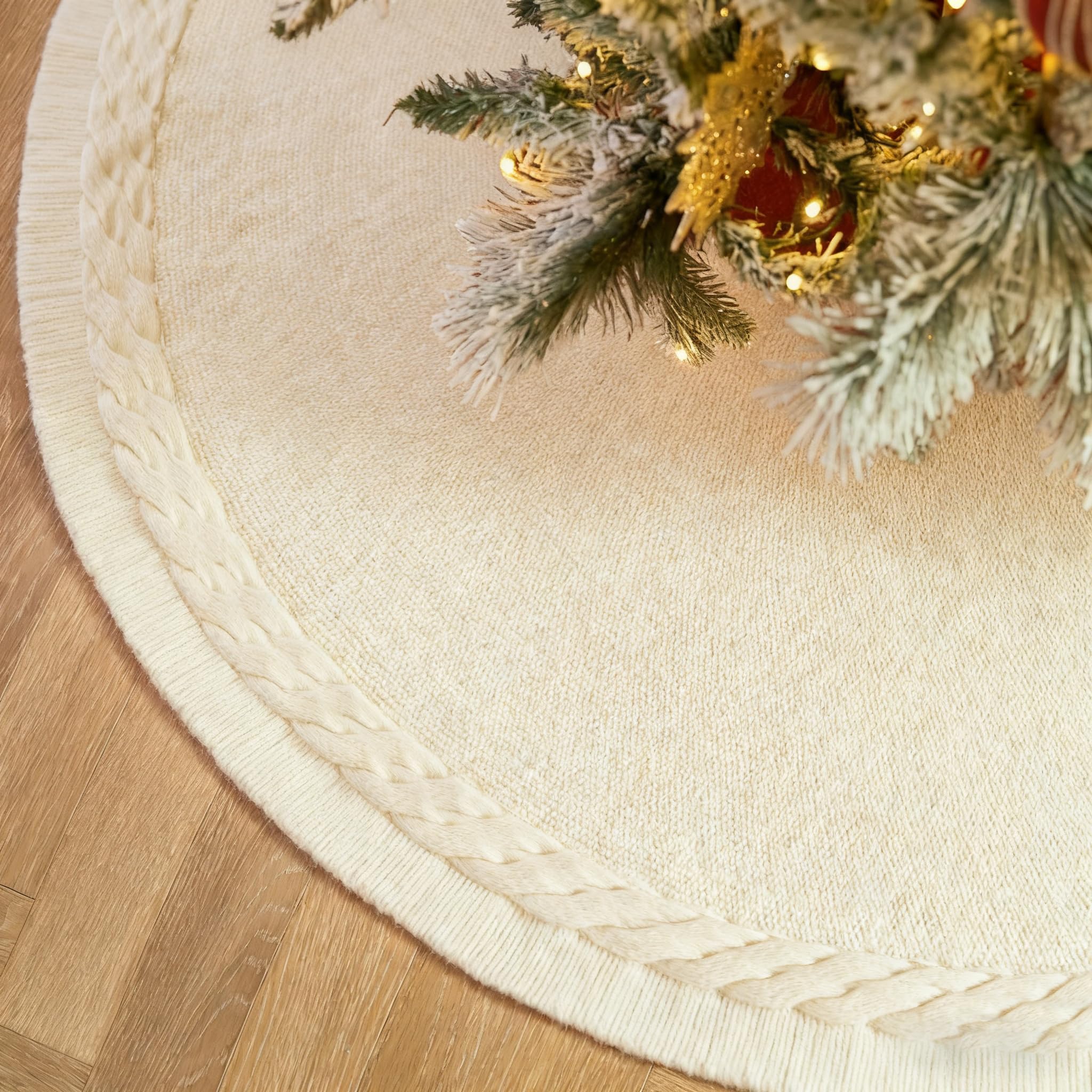 Photo 1 of 36 Inch White Knitted Christmas Tree Skirt: Small Thick Cable Knit Round Cream Tree Skirt for 4-6FT Tree Rustic Neutral Farmhouse Christmas Tree Decorations Tree Base Cover