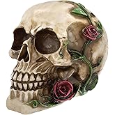 READAEER Human Skull with Rose Resin Statue Small Size Head Sculptures Skull Collectible Figurines