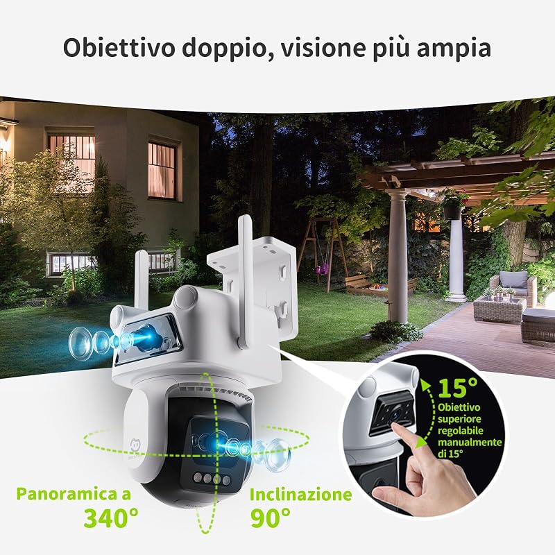 3K+3K (5MP+5MP) Telecamera di Sorveglianza Esterno a Doppio Obiettivo, Wi-Fi 2,4 GHz, Sicurezza a 360°, Tracciamento Auto, Rilevamento di Persone/Veicoli, Visione Notturna a Colori (D320) — foto 2 di 8