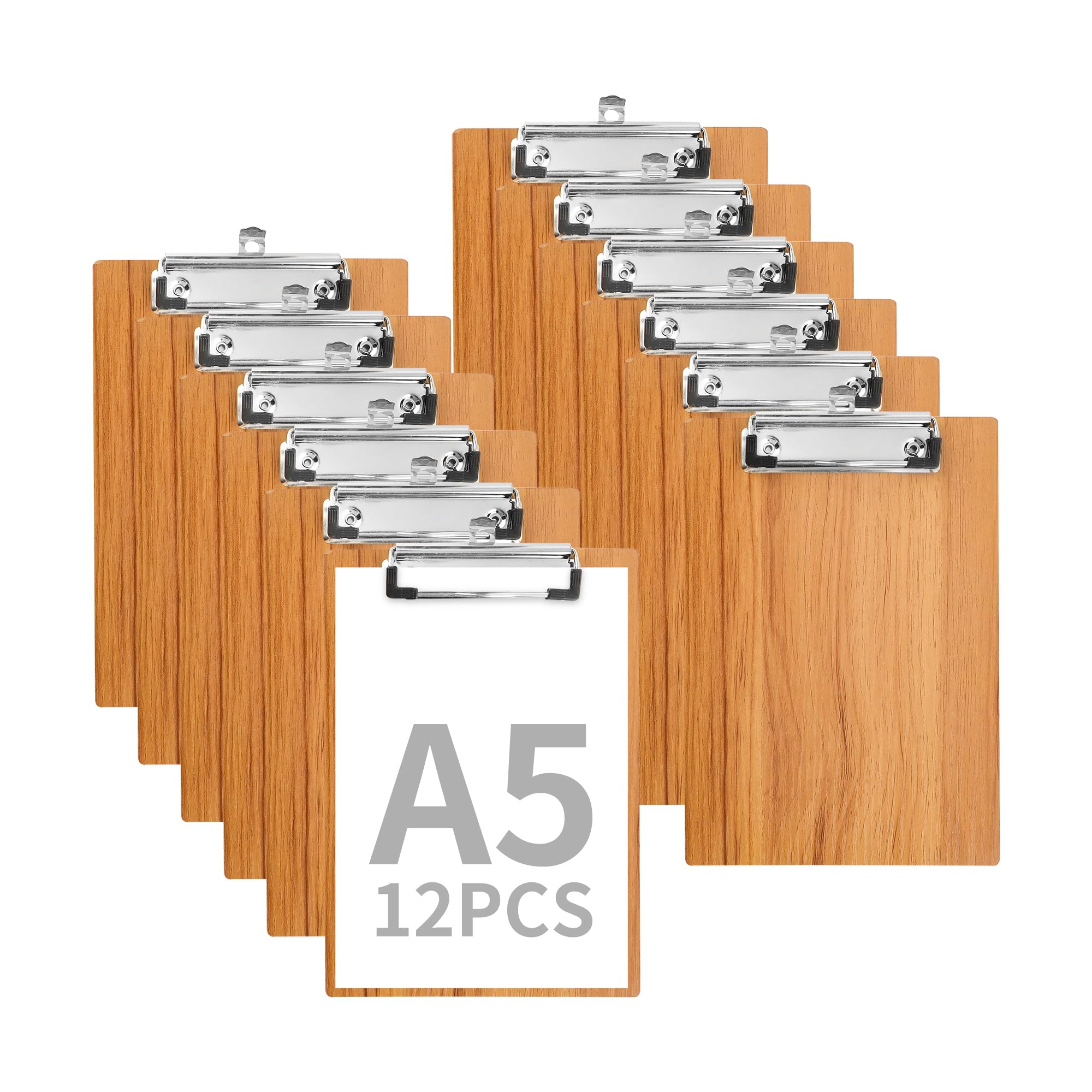 12 Pack A5 Wooden Clipboard, Hardboard Wooden Clip Board A5, Brown Wood Clipboard with Hanging Hole and Low Profile Metal Clip for Menu Restaurant School Office