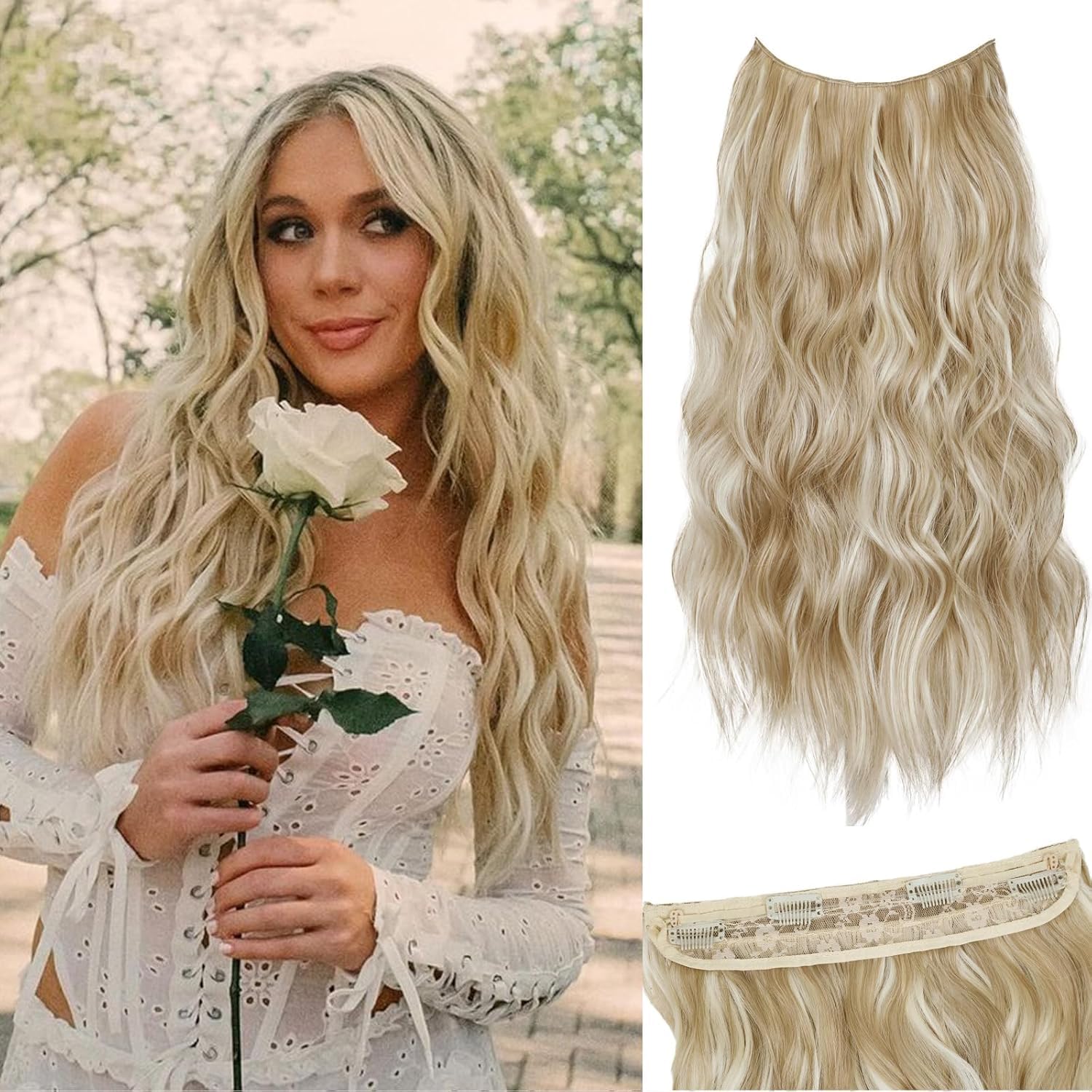 PORSMEER Invisible Wire Hair Extensions with Transparent Wire Adjustable Size 4 Secure Clips 20 inch Long Wavy Secret Hairpiece (24 Inch, Light Brown mix Highlight Blonde) โ image 1