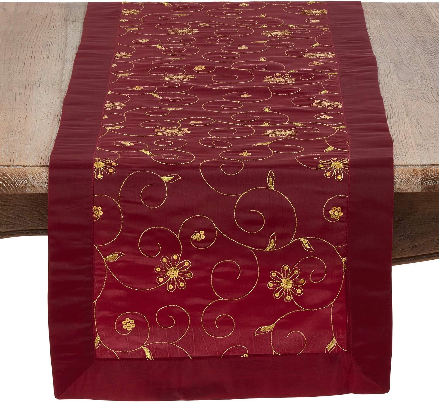 Burgundy with Gold Color Embroidered & Sequined Special Occasion Holiday Table Runner, 16" x 72" Rectangle
