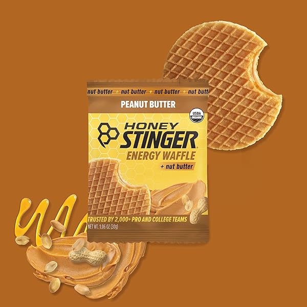 HONEY STINGER ORGANIC PEANUT BUTTER ENERGY WAFFLE VARIETY PACK OF 18, 6 PACK EACH OF PEANUT BUTTER, PB CHOCOLATE AND PB STRAWBERRY, NUTRITIOUS STROOPWAFEL SNACK FOR EXERCISE, ENDURANCE AND PERFORMANCE