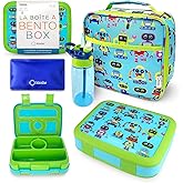 kinsho Bento Lunch Box and Insulated Bag, Water Bottle & Ice Pack Set for Kids Toddlers, 4 Portion Sections, Removable Tray, PreSchool Kid Toddler Daycare Lunches, Snack Container, Robot