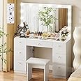 VOWNER Vanity with Lighted Mirror - Makeup Vanity Desk with Glass Top, 7 Drawers and Power Outlet, 3 Color Lighting Modes Adjustable Brightness, 44" Vanity Table with Stool for Women Girls, White