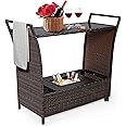 Tangkula Outdoor Wicker Bar Cart, Patio Wine Serving Cart w/Wheels & Removable Ice Bucket, Rolling Rattan Beverage Bar Counter Table w/Glass Top for Porch Backyard Garden Poolside Party, Mix Brown