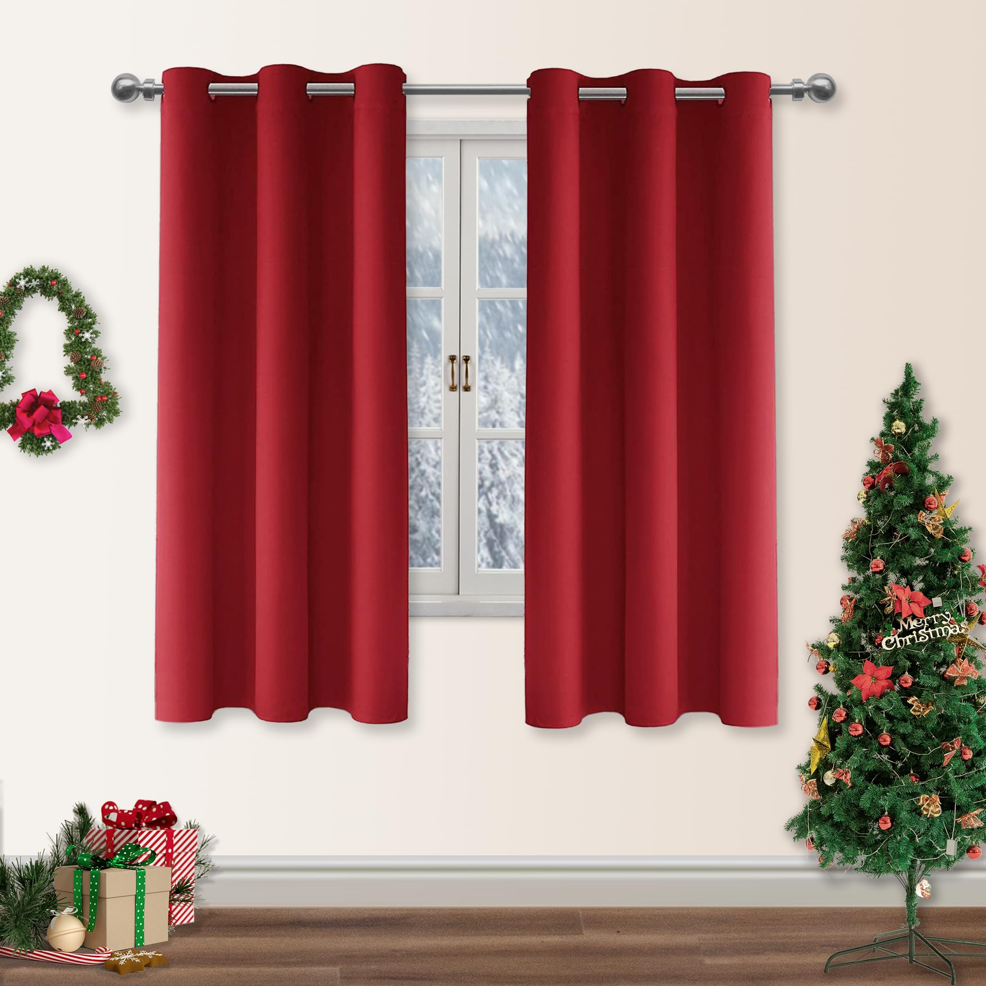 DWCN Christmas Decorative Blackout Bedroom Curtains Eyelet Red Thermal Curtains for Living Room 46 x 54 Inch 2 Panels — image 1