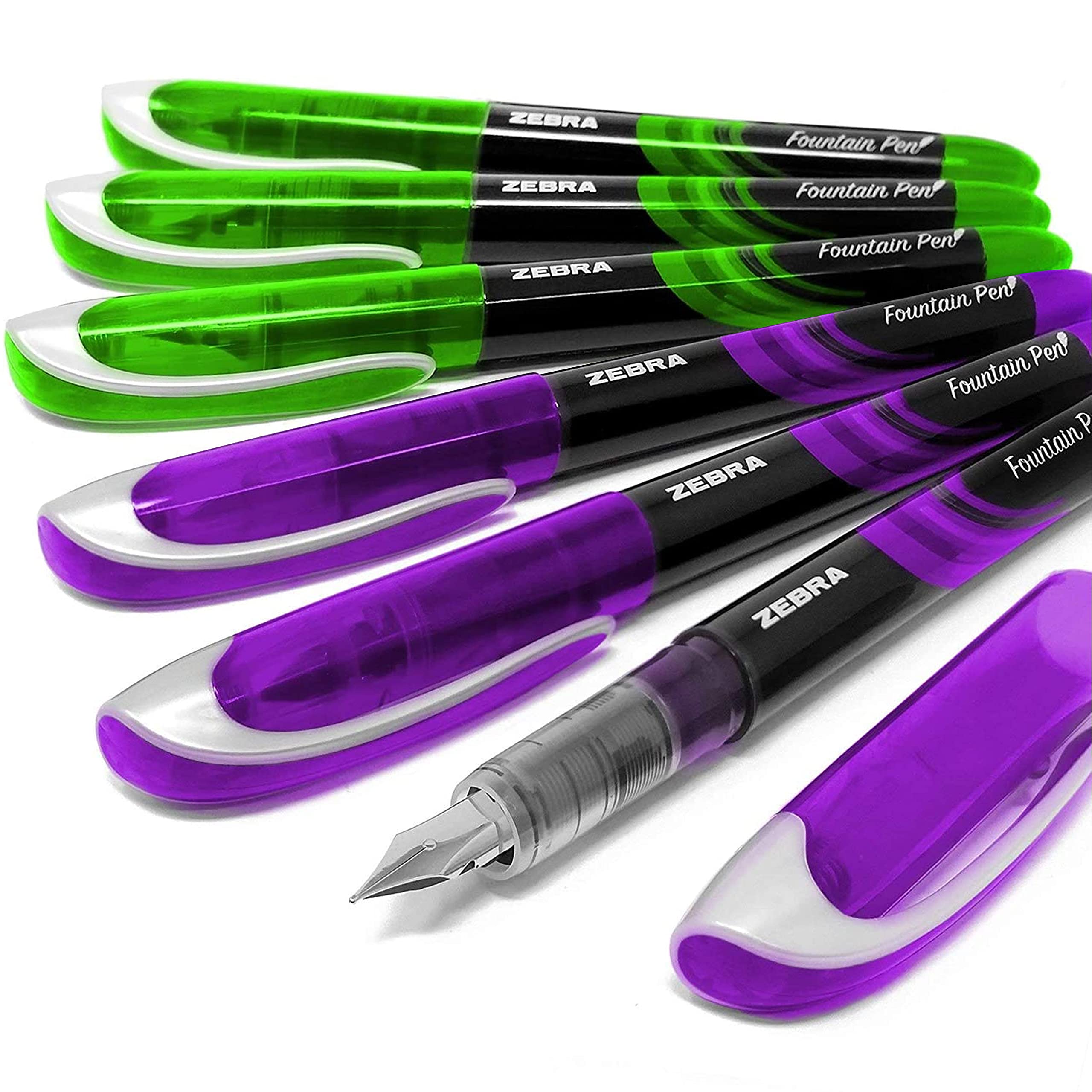 Zebra Fuente - Disposable Fountain Pen - Purple & Green Ink - Pack of 6