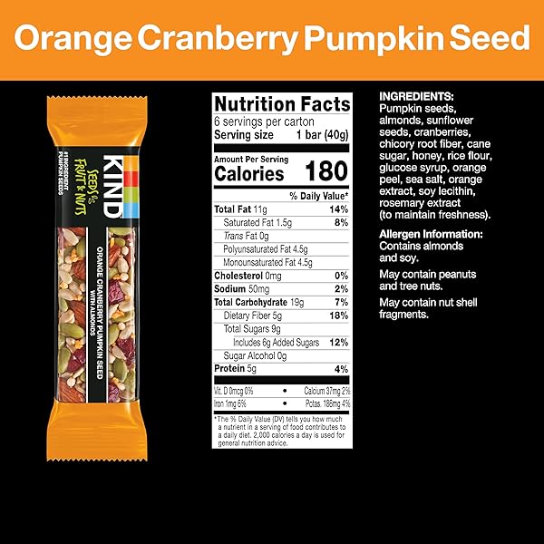 KIND SEEDS FRUIT & NUTS SNACK BAR, ORANGE CRANBERRY | 5G PROTEIN, HIGH FIBER, GLUTEN FREE BARS, 1.4 OZ, 6 COUNT