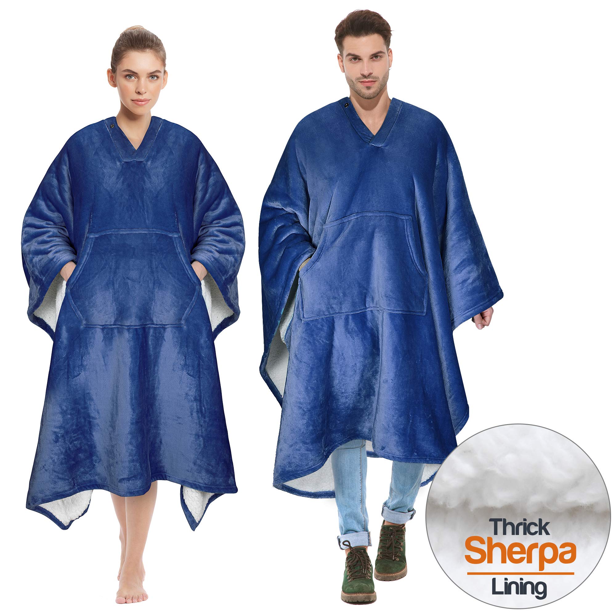 Tirrinia Sherpa Wearable Blanket Super Soft Comfy Plush Fleece Poncho for Adult Women Men Kids Throw Wrap Cover Sweatshirt Indoors or Outdoors, 55''x 80'' Navy