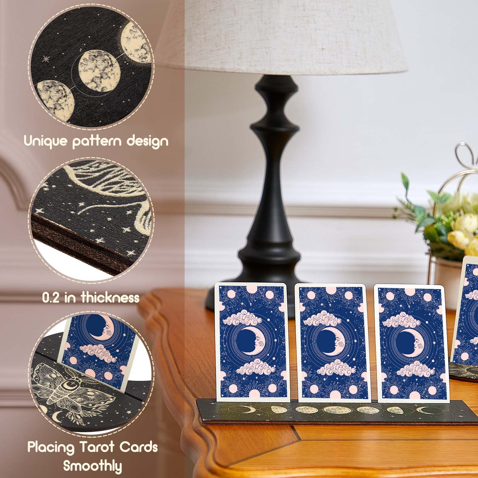 Queekay 4 Pieces Wooden Tarot Card Stand Holder Moon Phase Tarot Card Altar Stand Sun Moth Pattern Rectangle Moon Shape Wooden Display Holder Oracle Witch Divination Tools