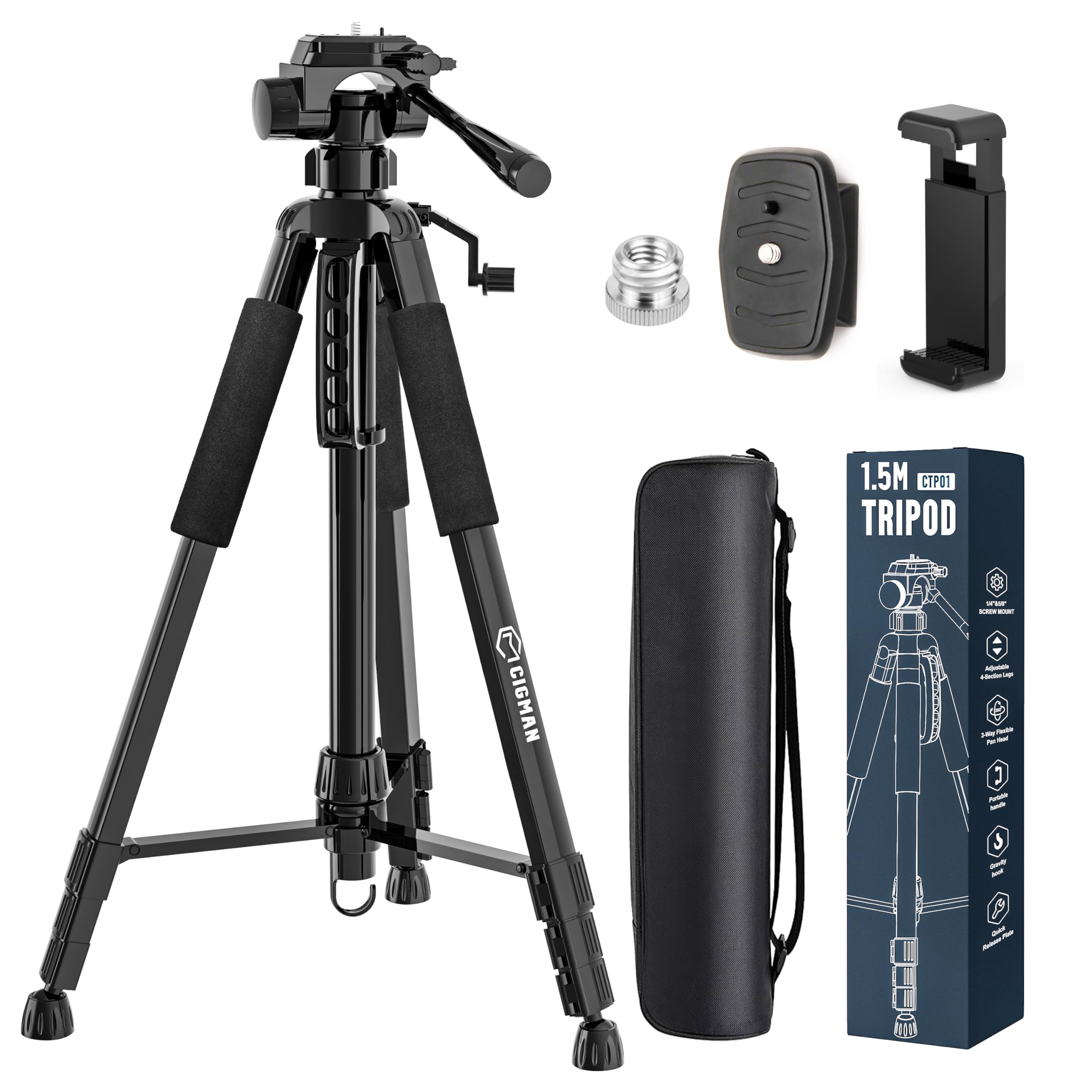 CIGMAN Laser Tripod Adjustable 4-Section, 81-150cm Extendable with 3-Way Pan Head, Bubble Level, 1/4" & 5/8" Screw Mounts, and Mobile Phone Holder – Ideal for Cameras, Laser Levels, and Smartphones