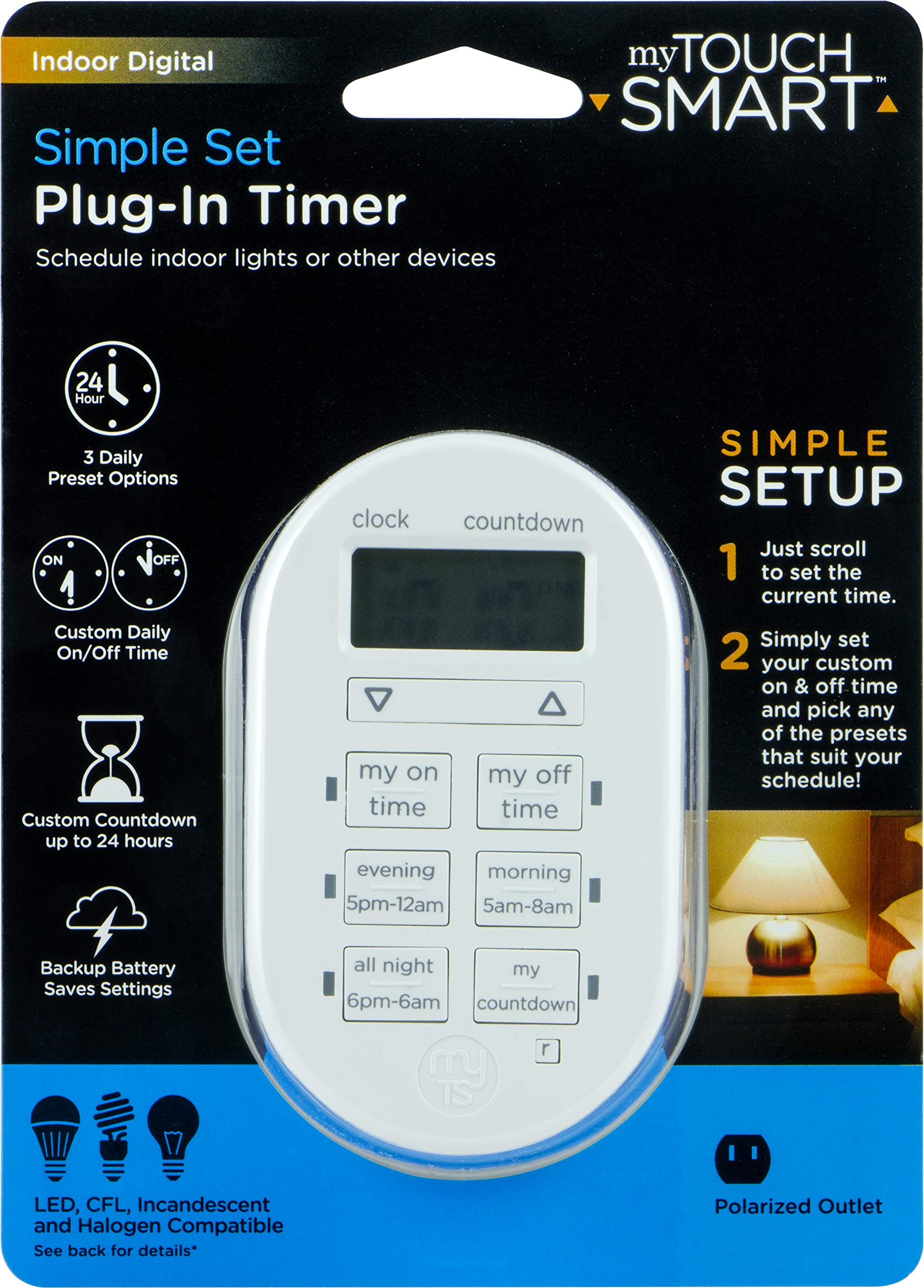 myTouchSmart 26892 Indoor Digital Timer, 1-Outlet Polarized, Preset and Customized Program Options, White, 1-Pack