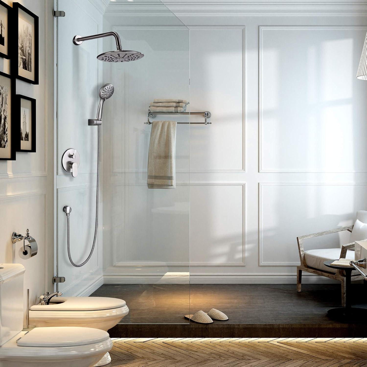 Shower System, Wall Mounted Shower Faucet Set for Bathroom with High Pressure 8" Rain Shower head and 3-Setting Handheld Shower Head, Brushed Nickel （Rough in Pressure Balance Valve Included) - - 