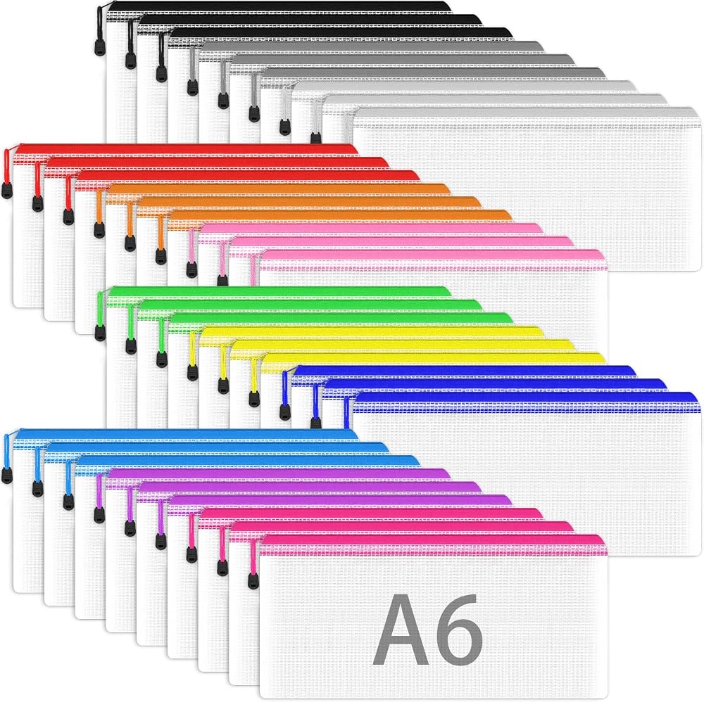 Smarpau A6 Mesh Document Bag 36Pcs Clear Pencil Case Zipper Bags 12 Colors