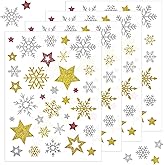 Yuomeaz Glitter Christmas Stickers, 4 Sheets Snowflake Stickers Self-Adhesive, Small Star Snowflake Decals for Cards, Envelopes, Gifts, Scrapbook, Wall Decoration