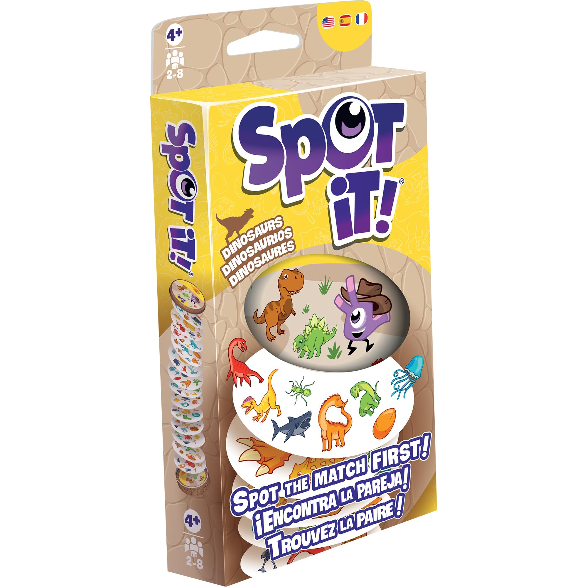 Spot It! Dinosaurs Card Game - Fast-Paced Matching Fun with Prehistoric Creatures, Easy to Learn Family Game for Kids & Adults, Ages 4+, 2-8 Players, 15 Minute Playtime, Made by Zygomatic