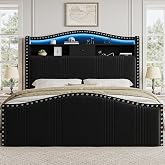 CIKUNASI 51.5" Queen Size Bed Frame with Headboard and Storage | Velvet Upholstered Bed Frame with LED Lights &amp; Charging Station | No Box Spring Needed Tall Footboard Black