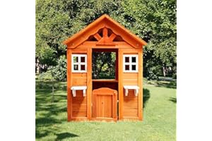 AOCOROE Outdoor Playhouse for Age 3-6 Years Boy Girl, Wooden Cottage Playhouse with Window & Flowerpot Holder, Play House for Outdoor Garden, Lawn, Patio, Yard.
