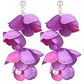 unixmoment Bohemian Fabric Flower Fringe Dangle Drop Earrings Floral Pearl Tassel Petal Stud Earrings For Women