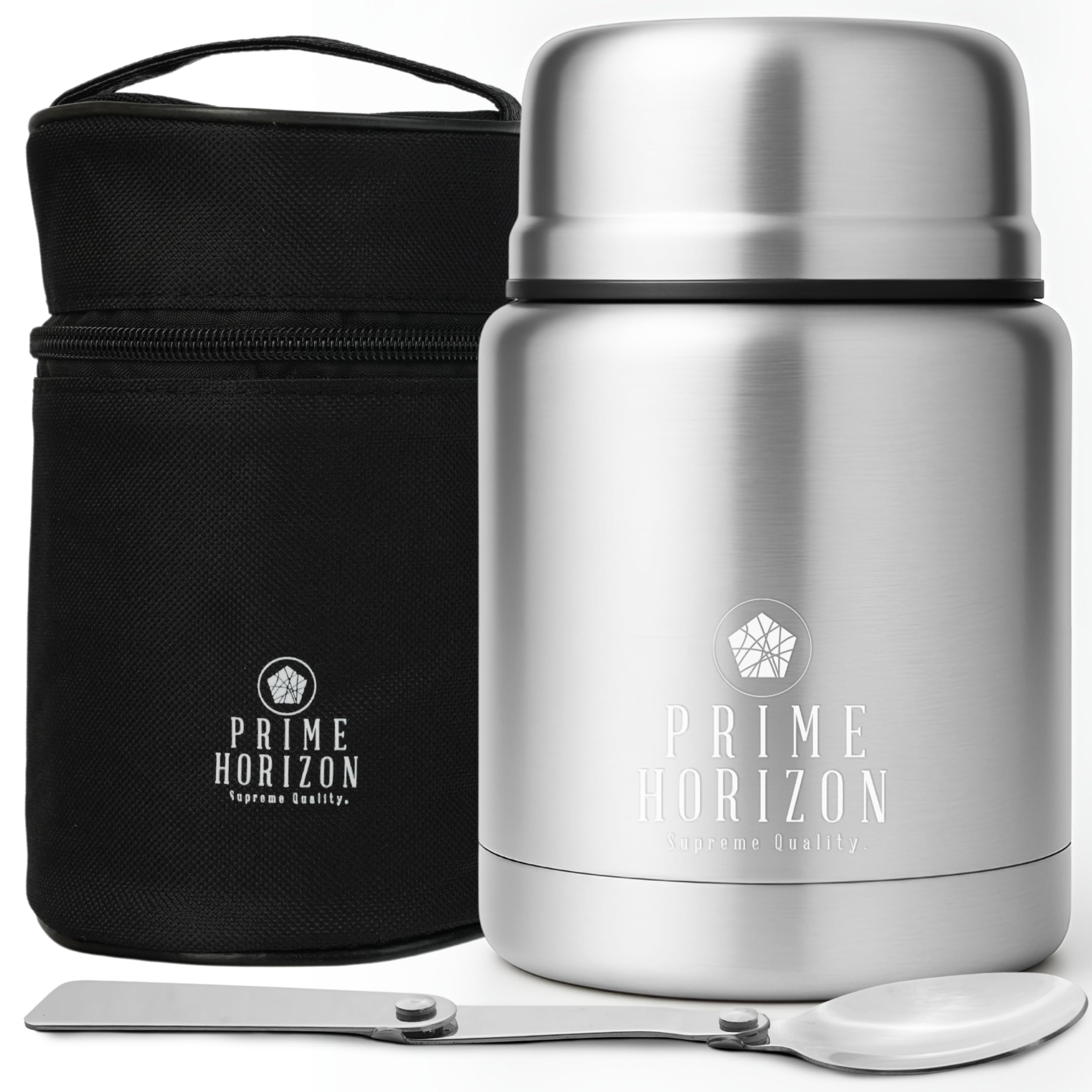 Prime Horizon Food Flask - 500ml Stainless Steel Vacuum Double Wall Jar with Folding Spoon, Leakproof and BPA Free. Free Insulated Travel Bag with Carabiner and Gift Box (Silver)