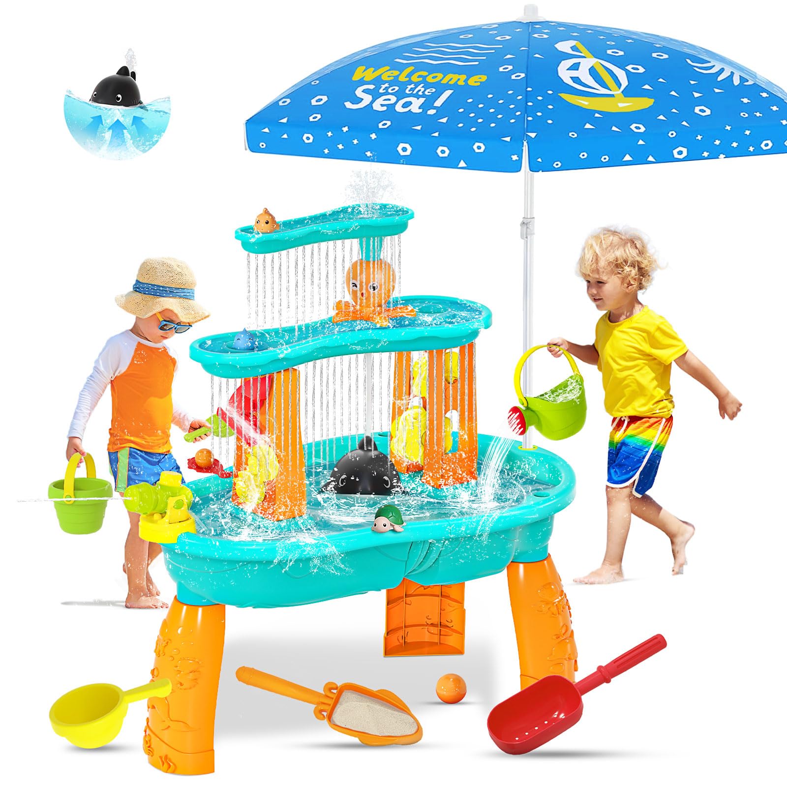 Photo 1 of ** SIMILAR *  Upgraded Sand & Water Table for Toddlers, Auto-Absorbing 3-Tier Outdoor Activity Table with Umbrella & 20PCS Water Toy Accessories, Outside Play Sensory Table for Kids Summer Toy Gift