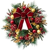 Svndlyn Lighted Christmas Wreath with Timer and Red Gold Ornaments, Red Bow | 20 LEDs , Flashing Multicolor Lights, Pinecones, Berry Clusters and Gold Foliage for Front Door, Wall, Window or Mantel