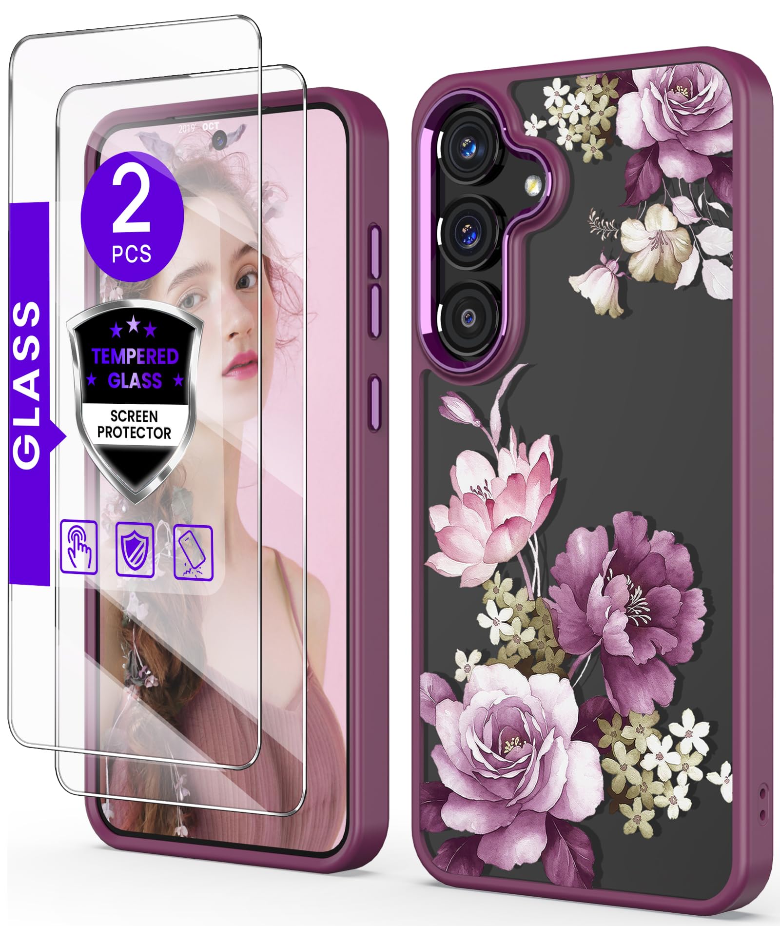 DagoRoo for Samsung Galaxy S26 Case+Tempered Glass Screen Protector,Military Grade Protective Slim Soft TPU + Hard PC,Girls Women Crystal Clear Flower Pattern Case Cover for Galaxy S26 5G-Purple