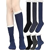 Fourluoo 3 Pairs Cotton Knit Boot Socks Knee High Stockings with Lace Trim Slouch Stacked Scrunch Socks