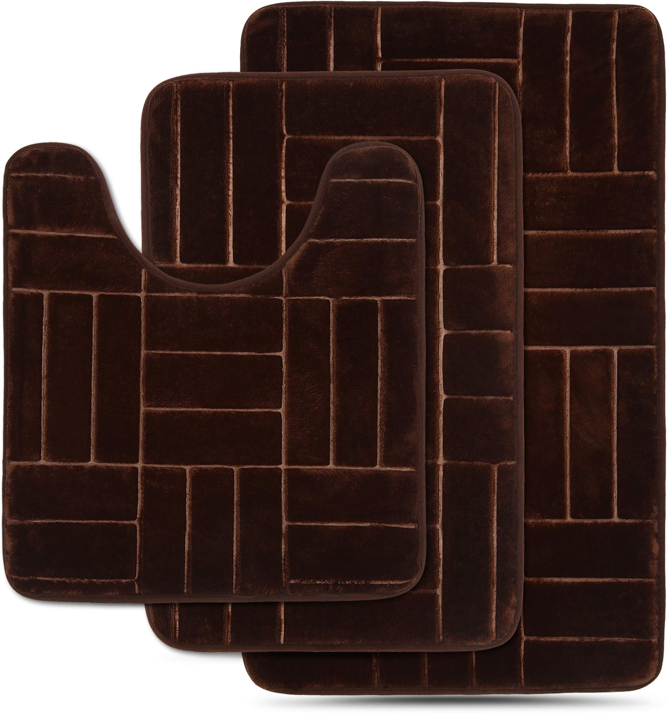 Effiliv 3 Piece Bathroom Rugs Set - Memory Foam Bath Mats, Brown/Line