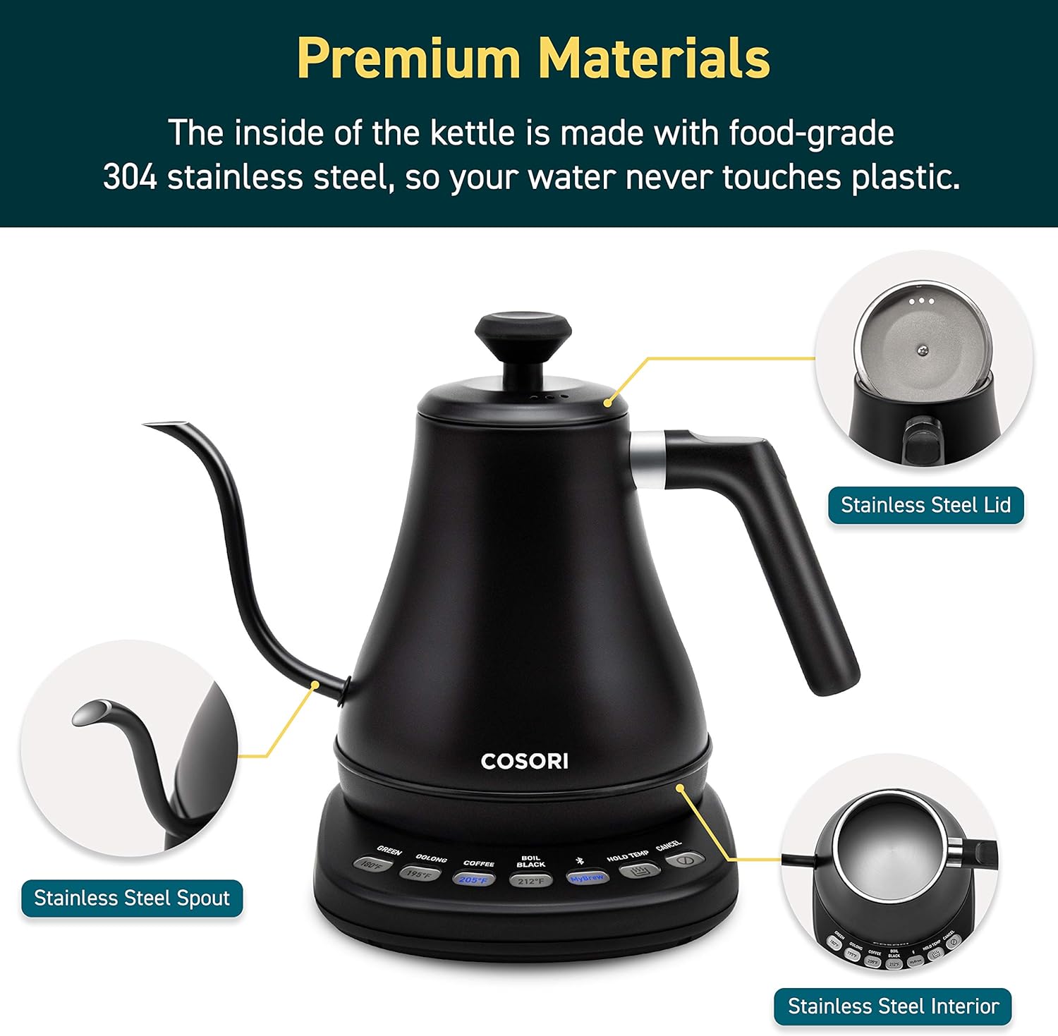 COSORI Electric Gooseneck Smart Bluetooth with Variable Temperature Control Pour Over Coffee Kettle & Tea Kettle, 100% Stainless Steel Inner Lid & Bottom, Quick Heating, 0.8L, Black: Kitchen & Dining