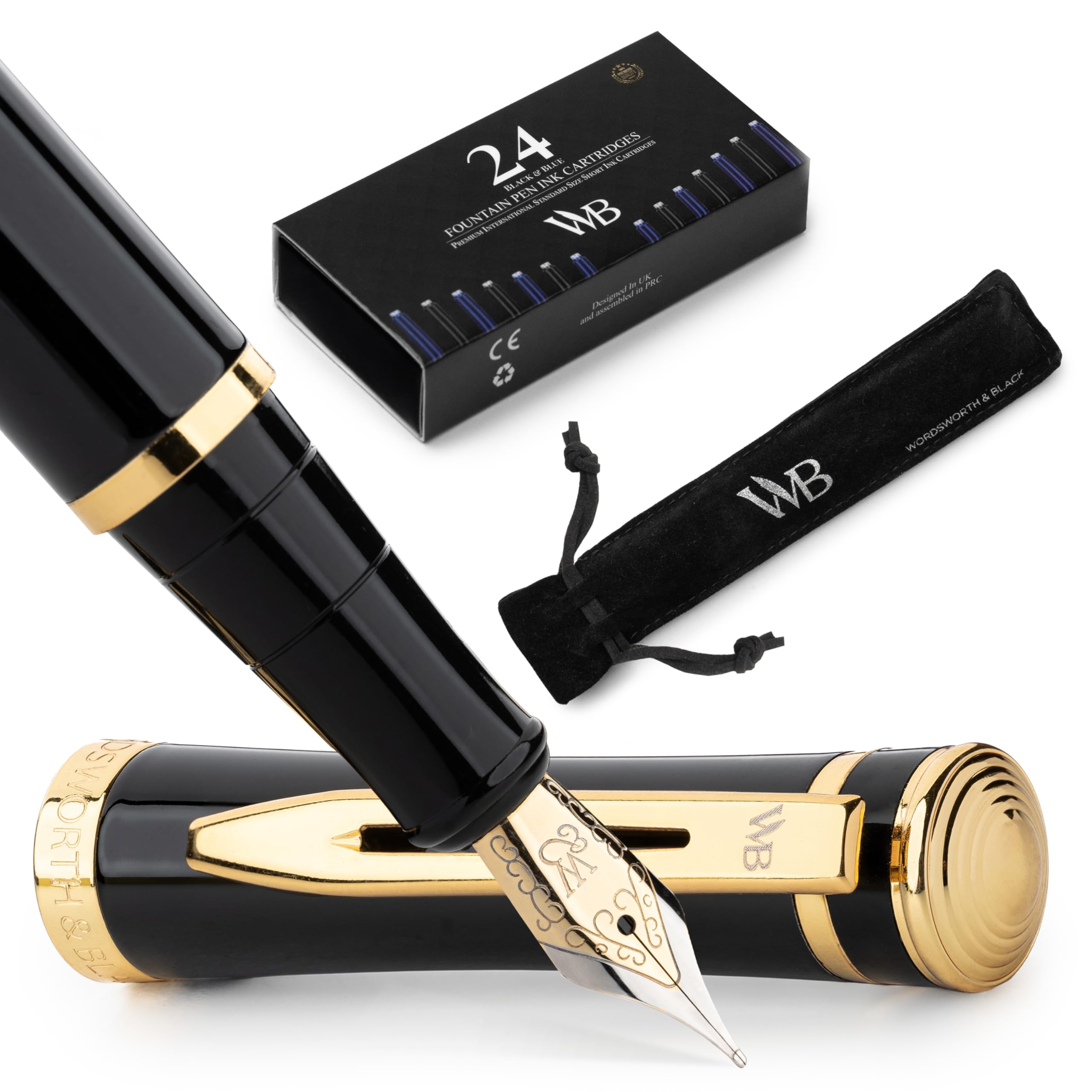 Wordsworth and Black Fountain Pen [Black Gold]- Luxury Medium Nib Fountain Pen Set Includes 24 Ink Cartridges [Black & Blue], Refillable Fountain Pen Ink Converter - Pens for Writing or Calligraphy