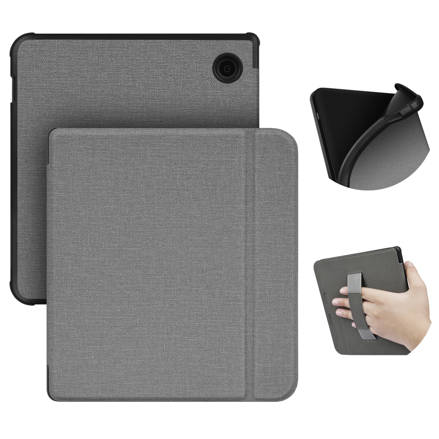 ERUNTO Case for 7-Inch Kobo Libra color(2024 Release)/Libra 2/Tolino vision 6, TPU Cover with Cloth Texture and Hand Belt on The Back, Magnetic Shell Cover with Smart Wake-up/Sleep Function(Gray)