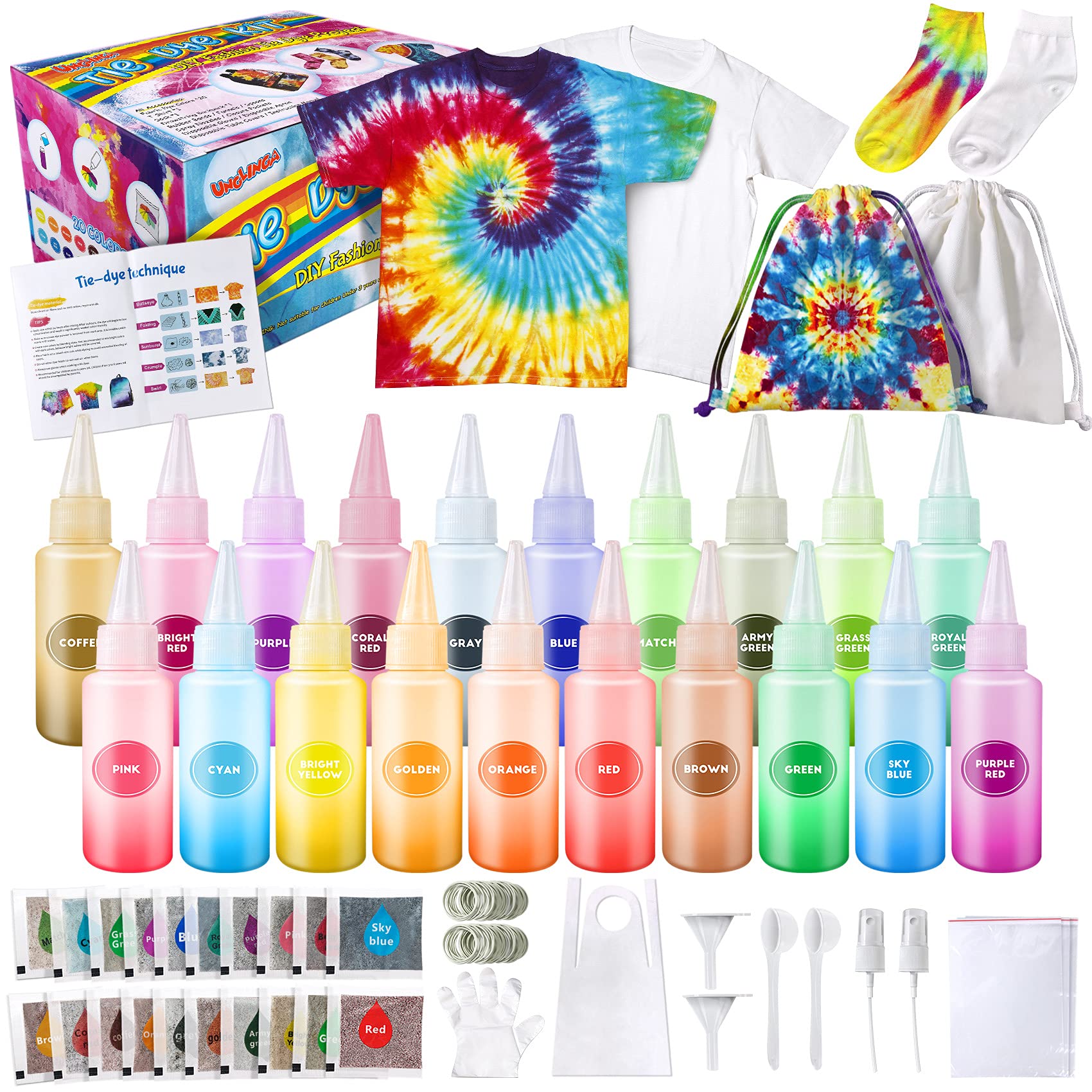 UNGLINGA Tie Dye Kit Kids & Adults, 20 Colours Tie Dye Art Craft for Kids Girls Boys Adults, with White T-Shirt Socks Backpack Table Cloth Apron, DIY for Group Activity Birthday Gifts