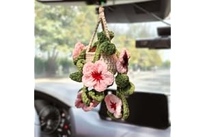 96CRVFT Cute Crochet Cherry Blossom Hanging Plant for Car Accessories, Aesthetic Decor Rear View Mirror Hanging Ornament for Women and Men, Handmade Cute Car Interior Decor Accessories Gift