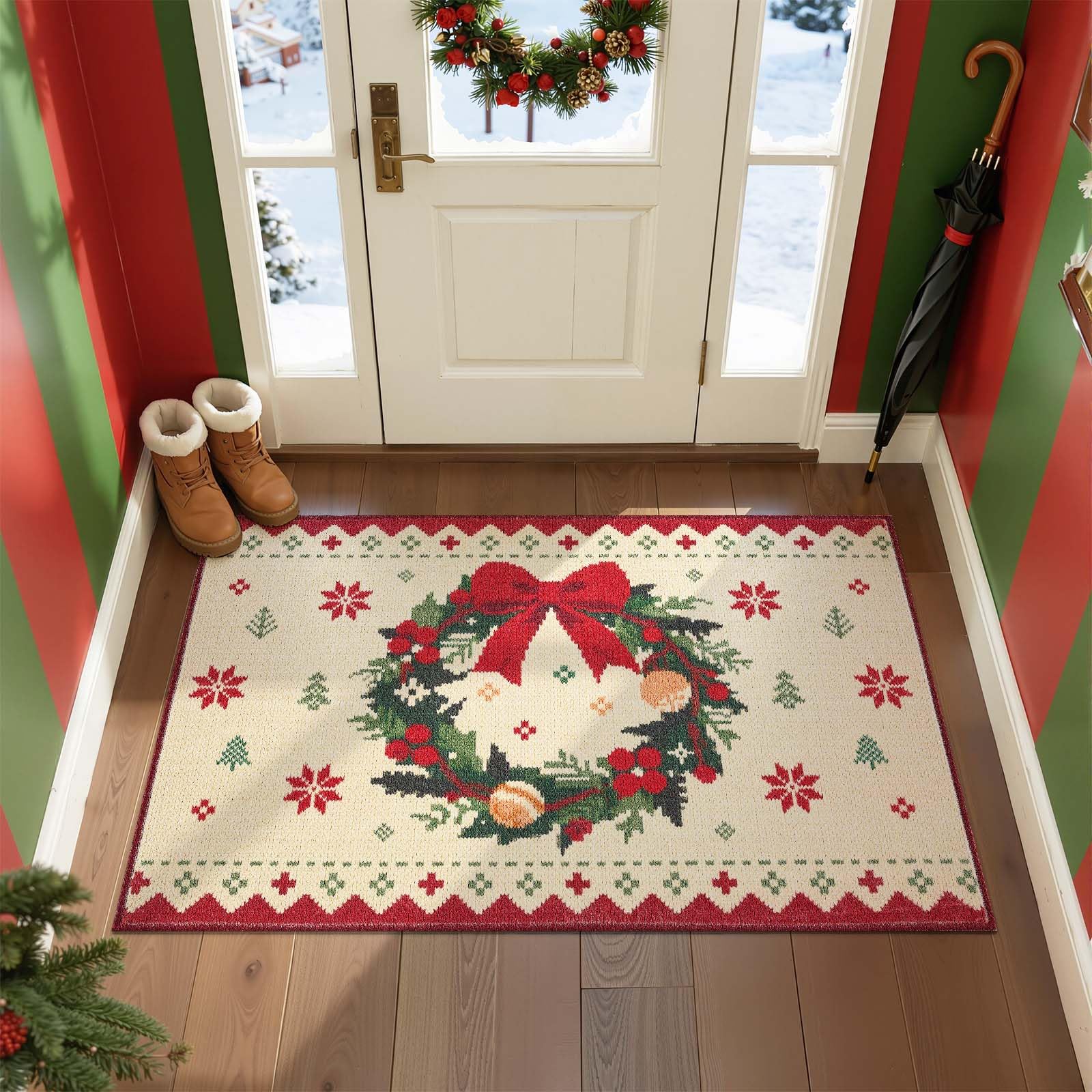 Photo 1 of jinchan Knit-Look Christmas Rug 3x5 for Entryway Kitchen Beige Red Indoor Holiday for Bedroom Jingle Wreath Winter Xmas Garland Decor for Living Room Bathroom Washable Non Slip Decorative Floor Carpet