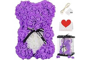 TranquilBliss Rose Bear with Box, Artificial Flowers Rose Teddy Bear with Greeting Card, Cute Romantic Valentine’s Day Gifts for Her, Women, Girlfriend, Wife Birthday Gifts Wedding Decorations Purple
