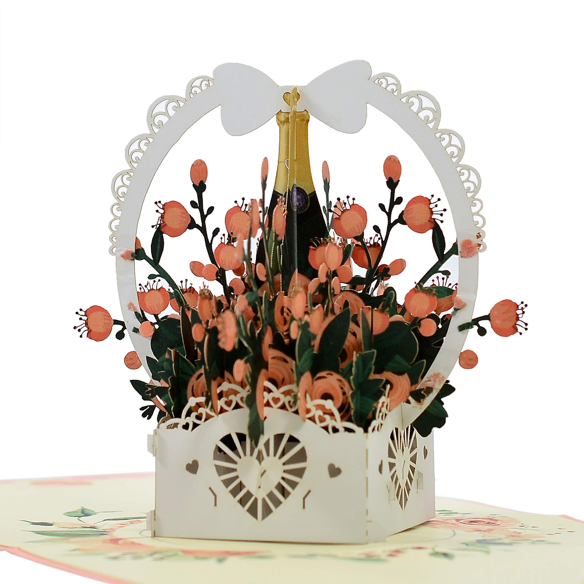 Romantic Rose Wine Basket Pop Up 3D card. Flower Spring Collection. A Delightful surprise greeting card gift for Daughter, Mum, Friend, Granddaughter, Wife, Sister, Grandma. 15cmx15cm.